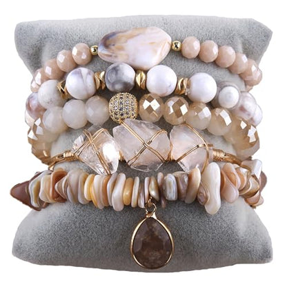 Yomisa 5PCS 6PCS Natural Boho Beaded Bracelets/Bangle for Women Men,Healing Turquoise Jasper Agate Crystal Gemstone Stone Chakra Multilayer Wrap Bohemian Handmade Jewelry Beads Stretch Bracelet Set - color: 5PCS-S Beige