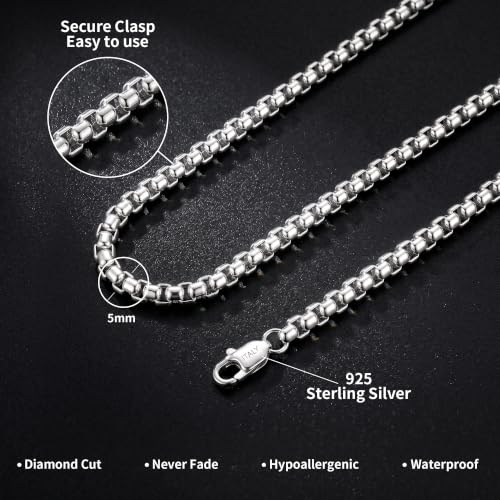 HIMSTORY Silver Chain for Men 5mm/6mm Sterling Silver Over Round Box Chain | Diamond Cut Box Chain Silver Necklace Gifts for Men Father Husband 18/20/22/24/26 Inches