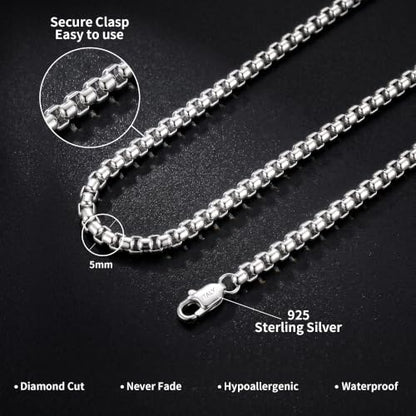 HIMSTORY Silver Chain for Men 5mm/6mm Sterling Silver Over Round Box Chain | Diamond Cut Box Chain Silver Necklace Gifts for Men Father Husband 18/20/22/24/26 Inches