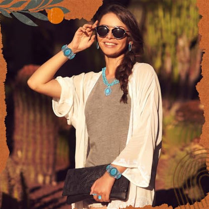Ecally Bohemian Western Jewelry Turquoise Set Women Country Pendant Long Choker Layered Bracelets Earrings Ring for Women - color: Turquoise, style: Rustic