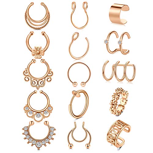 Fake Nose Ring Hoop Double Fake Septum Rings Fake Nose Piercing Clip on Earring Hoops Faux Nose Rings Lip Ring - color: style -D3 -rose gold