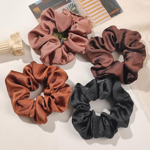 Hair Scrunchies for Women - Hair Ties No Damage Both for Thick Hair or Thin Hair Curl Hair No Crease Scrunchies Ponytail Holder No Hurt Your Hair - color: Black Dark brown Coffe