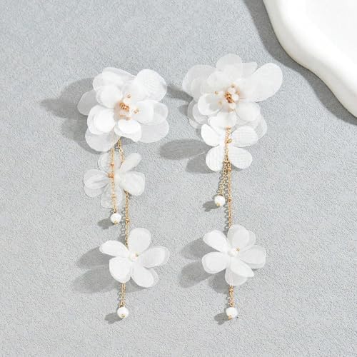 Flower Earrings for Women Long Fabric Flower Tassel Earrings Bohemian Handmade Floral Statement Earring Wedding Prom Jewelry Gifts - color: A1：white
