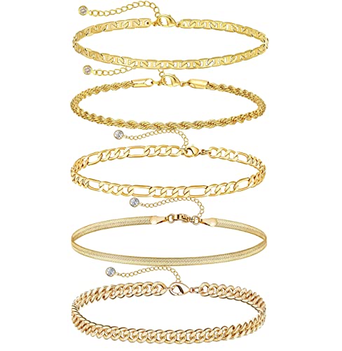 Dainty Ankle Bracelets for Women Waterproof | Layered Gold Plated Tennis Cuban Snake Rope Paperclip Beaded Link Chains Set, Summer Beach Jewelry Gift - color: Gold Anklet F