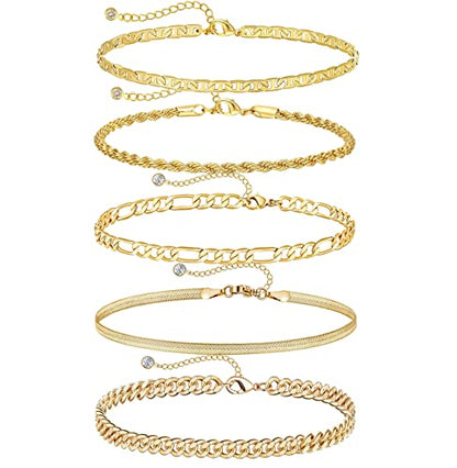 Dainty Ankle Bracelets for Women Waterproof | Layered Gold Plated Tennis Cuban Snake Rope Paperclip Beaded Link Chains Set, Summer Beach Jewelry Gift - color: Gold Anklet F