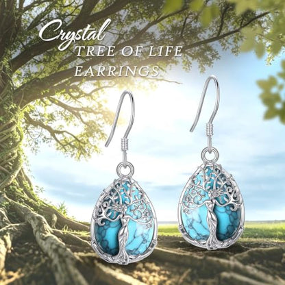 AEONSLOVE Tree of Life Crystal Earrings with Sterling Silver Ear Hooks, Dangle Drop Tree Earrings Gifts for Women - style: A01-Turquoise-Teardrop