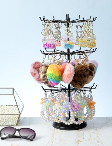 MyGift Black Metal Rotating 3-Tier Jewelry Stand with 36 Hooks | 360° Spinning Display Organizes Necklaces, Bracelets & Keychains with Top Card Holder for Retail or Vanity Use - color: Black (3 Tier)