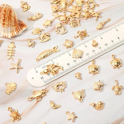 MARFOREVER 120 PCS Summer Beach Charms for Jewelry Making Sea Animal Charm | Assorted KC Gold Ocean Life Charm Pendants, Starfish Seashell Conch Charms, DIY Bracelet Necklace Earrings Making Crafting