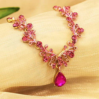 3Pcs Austrian Crystal Jewelry Set for Women, Necklace Dangle Earrings Link Bracelet Jewelry Set with Gold/Platinum/Gun Plated, Wedding Party Jewelry for Bridal Bridesmaid - color: Rose Red-Gold Plated