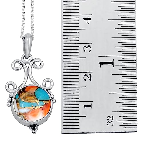 Natural Round Gemstone Pendant Necklace for Women, 925 Sterling Silver | Solitaire Birthstone Jewelry With 18 Inch Chain, Handmade Semi Precious Stone Pendant, Jewelry Gift for Mom, Wife & Sister - color: Oyster Copper Turquoise
