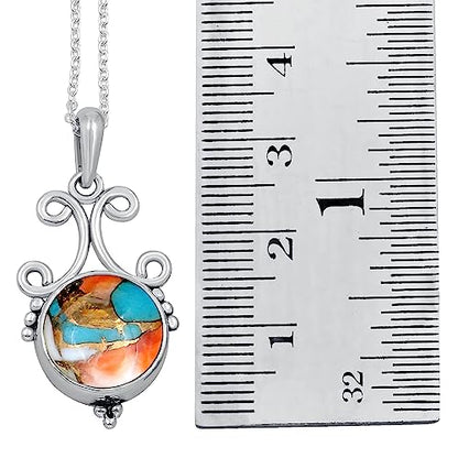 Natural Round Gemstone Pendant Necklace for Women, 925 Sterling Silver | Solitaire Birthstone Jewelry With 18 Inch Chain, Handmade Semi Precious Stone Pendant, Jewelry Gift for Mom, Wife & Sister - color: Oyster Copper Turquoise