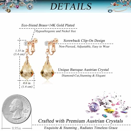 Austrian Crystal Baroque Drop Clip On Dangle Earrings for Women Non Pierced 14K Rose Gold Plated Hypoallergenic Jewelry - color: Topaz