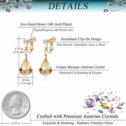 Austrian Crystal Baroque Drop Clip On Dangle Earrings for Women Non Pierced 14K Rose Gold Plated Hypoallergenic Jewelry - color: Topaz