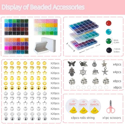 REVKI 72 Colors 6mm Glass Beads for Jewelry Making,3000PCS+ Round Crystal Glass Beads Bracelet Making Kit with Accessories, Bead Starter Kit Crafts Gifts Set Suitable for Teen Adults