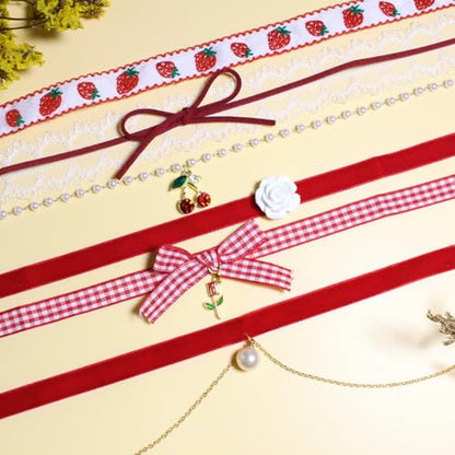 Nova&Aria Chokers Set For Women Heart Choker Necklaces Flower Pendant Velvet Cute Pink Turquoise Blue White Black Choker Necklace Christmas Colorful Lace Chokers - color: Red-B