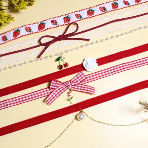 Nova&Aria Chokers Set For Women Heart Choker Necklaces Flower Pendant Velvet Cute Pink Turquoise Blue White Black Choker Necklace Christmas Colorful Lace Chokers - color: Red-B
