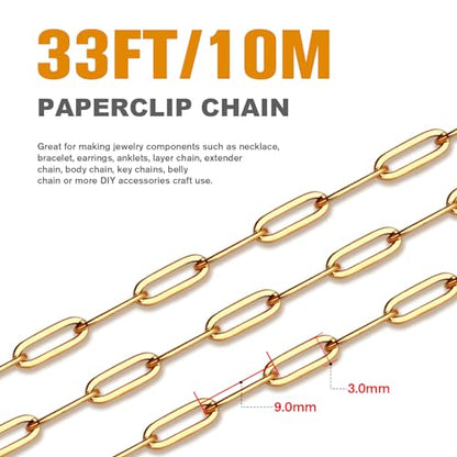 33FT Stainless Steel Paperclip Chains 3mm Gold Chain for Jewelry Making | 18K Gold PVD Plated Oval Link Chain Roll Bulk for Necklace Bracelet Crafts - color: 18k gold(3mm)