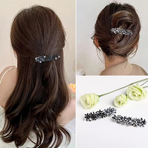 Flower Rhinestone Hair Barrettes for Women Fine Hair Glitter Sparkle Fancy Hair Clips for Women And Girls Elegant Pearl Barrettes (Light Grey) - color: Light Grey