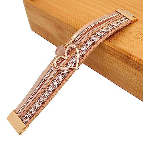 Womens Love Heart Leather Wrap Bracelet Multi-layer Stacked Bangle | Magnetic Clasp Soft PU Leather Resin Stone Rhinestone Boho Style Birthday Valentine Christmas Bohemian Jewelry Gift - color: Rose-gold