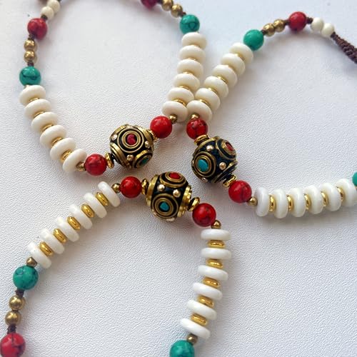 Petite Adjustable Boho Bracelet for Small Wrists 6-7.5 Inch - Handmade Nepalese Buddhist Prayer Bracelet with Elephant Charm, Brass Bell, Turquoise Stone & Tibetan Mantra Beads, Spiritual Lucky Gift - color: White-3Pcs