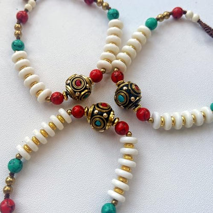 Petite Adjustable Boho Bracelet for Small Wrists 6-7.5 Inch - Handmade Nepalese Buddhist Prayer Bracelet with Elephant Charm, Brass Bell, Turquoise Stone & Tibetan Mantra Beads, Spiritual Lucky Gift - color: White-3Pcs