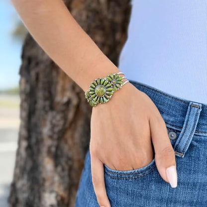 Southwest Style Genuine Gemstones 925 Sterling Silver Cluster Bracelet - color: Green