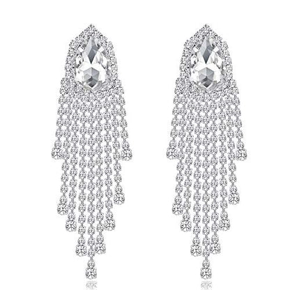 Silver Rhinestone Crystal Bridal Chandelier Long Tassels Dangle Earrings for Wedding - color: J-10