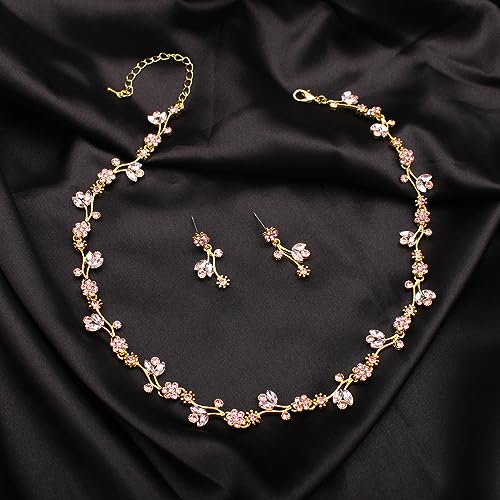 Elegant Brides Austrian Crystal Flower Choker Necklace Drop Dangle Earring Bracelet Wedding Jewelry Set for Bridesmaid Prom Costume Jewelry Set for Women - color: Pink-Gold Plated