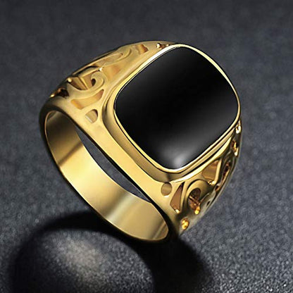 Star Jewelry Signet Pinky Ring with Black Square Enamel 18K Gold Plated for Men and Women Size 6-14