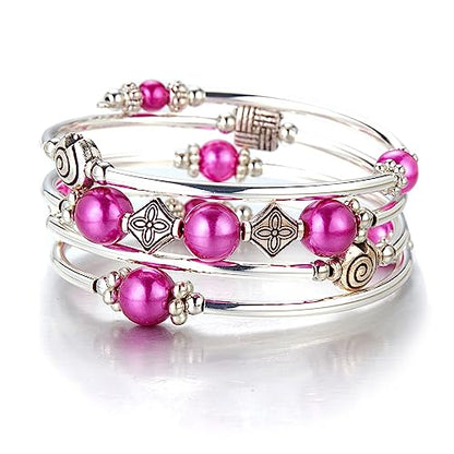 Beaded Pearl Bangle Wrap Bracelet - Fashion Bohemian Jewelry Multilayer Charm Bracelet with Thick Silver Metal Beads, Gift For Women - color: Fuchsia