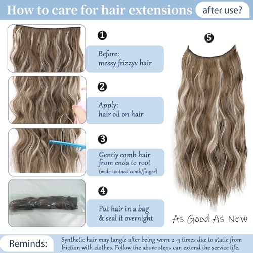 Ash Brown Halo Hair Extensions with Beach Blonde Highlights | 20 Inch Wavy Synthetic Fiber with Invisible Wire and 4 Secure Clips for Easy Daily Styling and Party Wear - color: Ash Brown with Beach Blonde