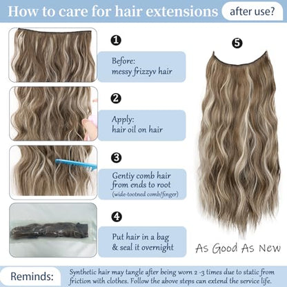 Ash Brown Halo Hair Extensions with Beach Blonde Highlights | 20 Inch Wavy Synthetic Fiber with Invisible Wire and 4 Secure Clips for Easy Daily Styling and Party Wear - color: Ash Brown with Beach Blonde