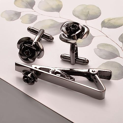 Pearl Rose Tie Clip Cufflinks Set for Men Gold Silver Gun-black Cufflinks and Tie Clip Groom Wedding Business Jewelry - style: Rose Set-Black