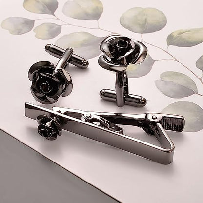 Pearl Rose Tie Clip Cufflinks Set for Men Gold Silver Gun-black Cufflinks and Tie Clip Groom Wedding Business Jewelry - style: Rose Set-Black