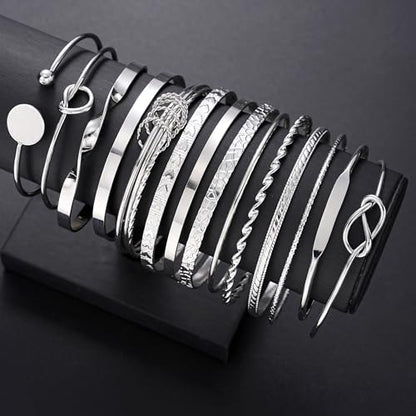 FAXHION Gold Bangle Bracelets for Women, 14 Pcs Multi Layer Stackable Bangle Set, 14K Gold Plated Textured Chunky Bracelets Boho Jewelrys Set - style: Silver A-14 pcs