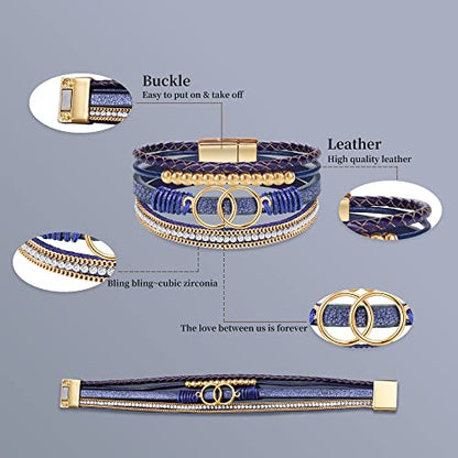 Bracelets for Women, Gifts for Mom Her Christmas Gift 2026 Leather Bracelets for Women Birthday Gift for Daughter Inspirational Wrap Bracelet Sister Friend Teen Girl Gift Layered Stocking Stuffers Jewelry - style: Navy Blue