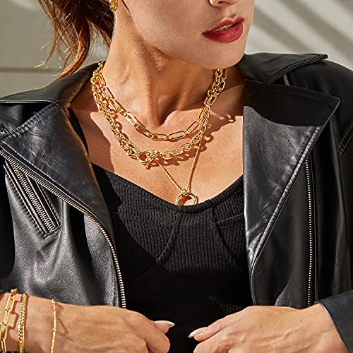 FRUMOS Dainty Layered Choker Necklace 18k gold Plated Y Pendant Commemorative coin Necklace Multilayer Bar Disc Necklace Adjustable Layering Choker Necklaces fashion jewelry for Women Girls - color: Pin-and-loop necklace