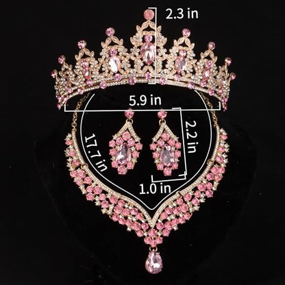 Crowns and Tiaras jewelry sets for Wedding princess birthday party Halloween Prom Pageant Jewelry for Women Crystal Bridal Jewelry Set for women - color: Gold Pink