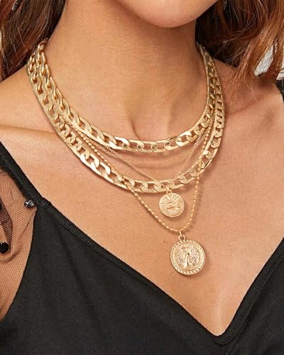 MJartoria Layered Necklaces for Women Trendy Retro Coin Pendant Necklace Dainty Chunky Chain Necklaces for Jewelry Birthday Gifts - color: Gold, style: A-Retro Coin-2PCS