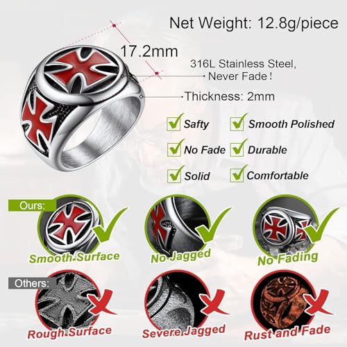 FaithHeart Mens Stainless Steel Crusader Jerusalem Cross Ring with 18K Gold Plated Two Tone Ring Size 7,8,9,10,11,12 - color: 01. Cross-Silver