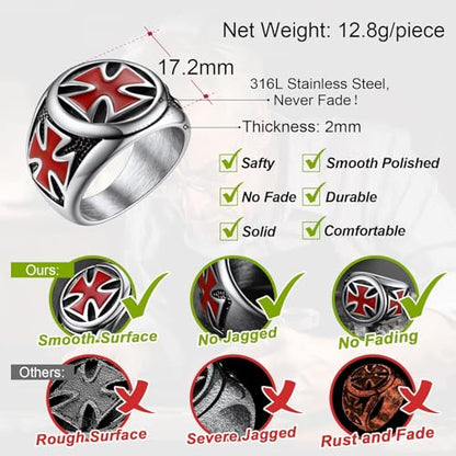 FaithHeart Mens Stainless Steel Crusader Jerusalem Cross Ring with 18K Gold Plated Two Tone Ring Size 7,8,9,10,11,12 - color: 01. Cross-Silver