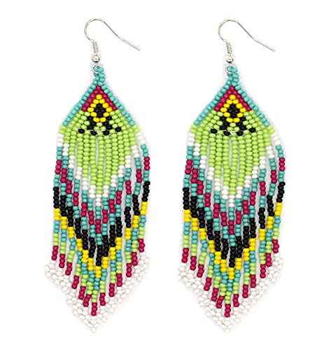 Handmade Beaded Indian Necklace,Inspired by Native American Style Long Necklace Earrings Set,One of a Kind beaded Necklace for Women,Perfect for Occasions, Gifts - color: White & Green