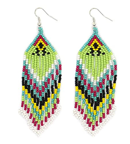 Handmade Beaded Indian Necklace,Inspired by Native American Style Long Necklace Earrings Set,One of a Kind beaded Necklace for Women,Perfect for Occasions, Gifts - color: White & Green