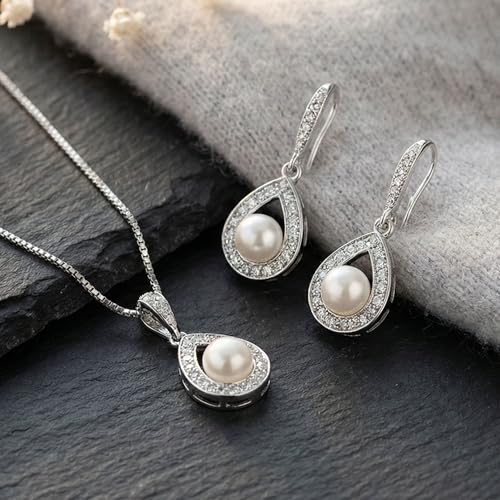 Mariell Pearl Necklace and Drop Earrings Wedding Jewelry Set for Brides, Bridesmaids, Birthday Gift - color: Silver