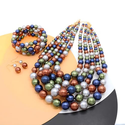 Faux Big Pearl Srand Necklaces for Women 5 Layers Pearls Choker Bib Collar Necklace Bracelet and Earrings set 1920s Costume Pearl Jewelry Bridal Wedding - color: colorful navy blue