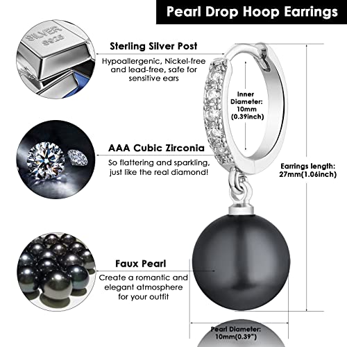 CERSLIMO Pearl Drop Earrings for Women | S925 Sterling Silver Post Simulated Shell Pearl Hoop Dangle Earrings, Hypoallergenic Cubic Zirconia Huggies Earrings Bridesmaid Jewelry - style: 01 Black-Round