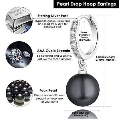 CERSLIMO Pearl Drop Earrings for Women | S925 Sterling Silver Post Simulated Shell Pearl Hoop Dangle Earrings, Hypoallergenic Cubic Zirconia Huggies Earrings Bridesmaid Jewelry - style: 01 Black-Round