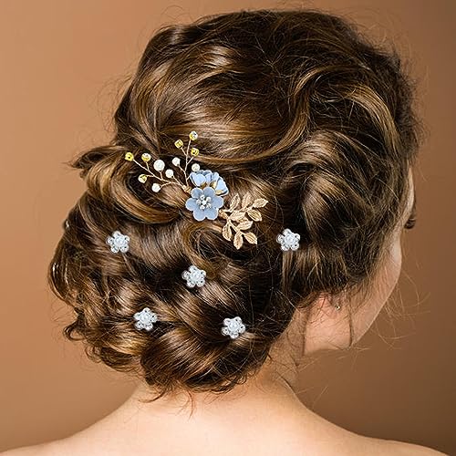 Cinaci 18 Pieces Bridal Wedding Party Prom Pearl Rhinestone Light Blue Flower Hair Side Combs Slides+U-shaped Flower Hair Pins+Twist Spiral Hairpins Floral Headpieces for Brides Bridesmaids Women Girl - color: Light Blue