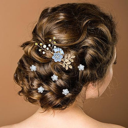 Cinaci 18 Pieces Bridal Wedding Party Prom Pearl Rhinestone Light Blue Flower Hair Side Combs Slides+U-shaped Flower Hair Pins+Twist Spiral Hairpins Floral Headpieces for Brides Bridesmaids Women Girl - color: Light Blue