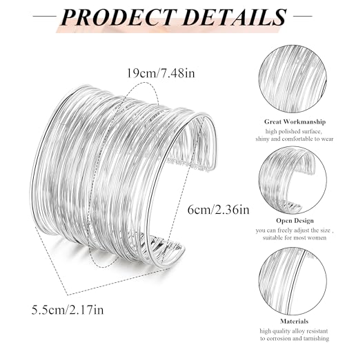 2Pcs Cuff Bangle Bracelet for Women Open Wide Bangle Bracelet Set | minimalist statement bangle bracelets，wrist cuff wrap bracelet adjustable，open wide wire grooved hammered bracelet set - color: 2PCS-Sliver-D